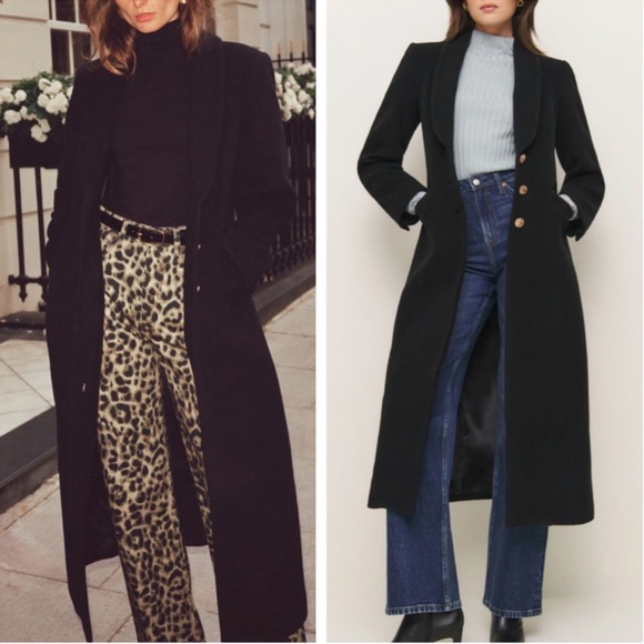 NEW Reformation Eden Nipped Waist Long Wool Coat - Black - Picture 2 of 9